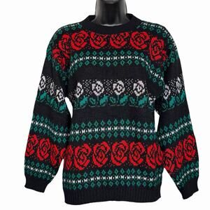 VINTAGE 80s 90s SWEATER XMAS ROSES COTTAGE GRUNGE WHIMSIGOTH BY TEASERS S